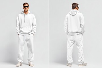 A young man wearing a white hoodie and sweatpants sports suit mockup, standing confidently with hands in pockets. He has sunglasses on and is facing both front and back.
