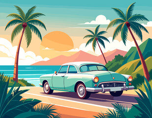Classic Light Blue Car Driving on Coastal Road with Palm Trees, Turquoise Ocean and a Warm Sunset Sky in a Pixel Art Style