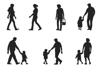 Family Silhouettes in Motion: Silhouette of families and people walking isolated, creating a minimalistic and evocative scene of life's simple moments and the interconnectedness of people. 