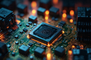 Obraz premium Artificial intelligence chip glowing on motherboard powering future technologies