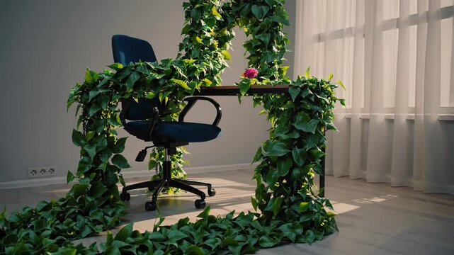 Green ivy spreading across abandoned office desk, overtaking workspace with organic, wild growth in minimalist interior