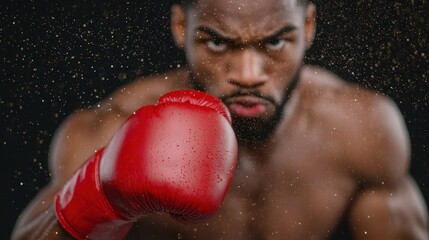 A focused boxer wearing red gloves throws a punch with sweat flying in a dramatic, action-packed moment.