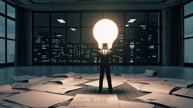 Businessman with glowing light bulb head standing on scattered blueprints in dark office with night city view