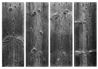 Aged wooden wall section, four vertical planks with pronounced wood grain, dark knots, and weathered streaks, isolated on a transparent studio background, bright shadowless light, UHD black and white,