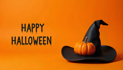 A black witch hat resting on a small pumpkin with "Happy Halloween" written on the side, isolated on an orange background.
