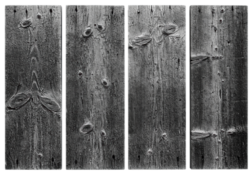 Aged wooden wall section, four vertical planks with pronounced wood grain, dark knots, and weathered streaks, isolated on a transparent studio background, bright shadowless light, UHD black and white,