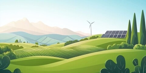 Serene Landscape with Solar Panels and Wind Turbine in Nature