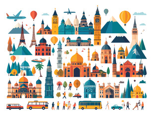Colorful World Landmarks with Diverse Architecture Including Towers Buildings and Transport Against A White Background