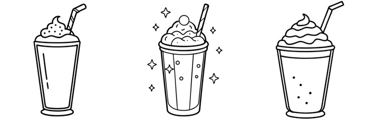 Set of Cold Drink Milkshake Icons - Black and White Vector Line Art Sketch for Dessert and Beverage Menus