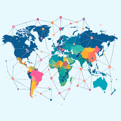 Colorful World Map with Network Connections Connecting Continents and Countries Displaying Interconnected Global Communication in Blue Background