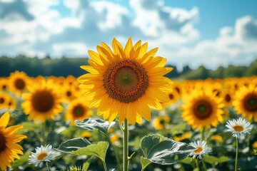 Fototapeta premium Sunflowers reaching towards the sky in a vibrant field.