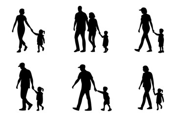 Fototapeta premium Family Silhouette: Silhouette of family enjoying a leisurely walk, the outlines create a sense of unity, togetherness and connection, ideal for illustrating themes of family, travel and leisure.