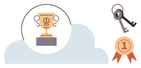 Trophy on cloud pedestal, ribbon badge, and keys symbolizing success, achievement, recognition. Ideal for motivation, career growth, competition leadership goal setting personal success. Simple