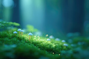 Fototapeta premium empty fantasy forest glade with soft mossy floor and scattered glowing mushrooms