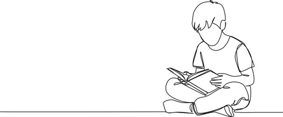 continuous single line drawing of young boy sitting on floor reading a novel, line art vector illustration