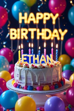 Vivid Birthday Wallpaper with Name Ethan and Festive Elements