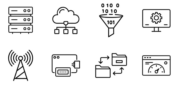 Data Processing and IT Infrastructure Line Icons - Server, Cloud, Network, and Technology Vector Set