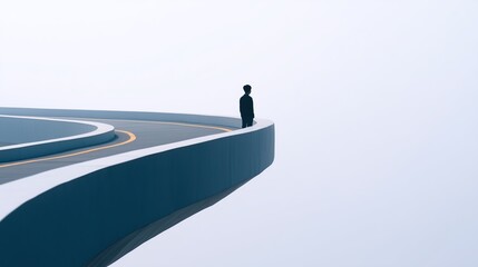lone figure stands on road suspended in sky horizon