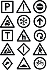 A vibrant vector set of road and traffic signs, including warning triangles and directional arrows, provides essential safety illustrations for street and car navigation