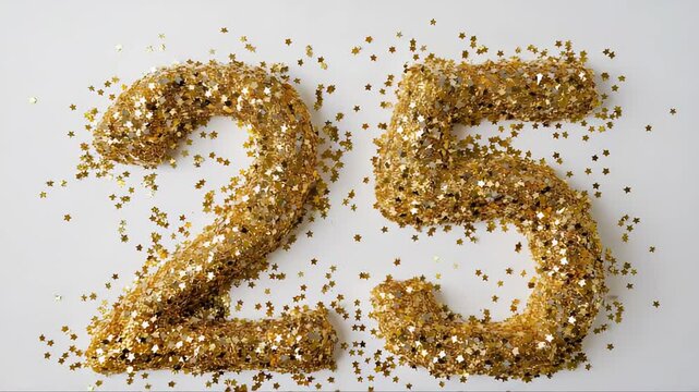 Golden glittering number twenty five sparkling brightly against pristine white background, representing elegant celebration milestone with luxurious glamorous design