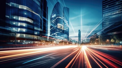 Light trails on the modern building background. Light trails at night in urban environment, Abstract Motion Blur City, traffic, transportation, street, road, speed