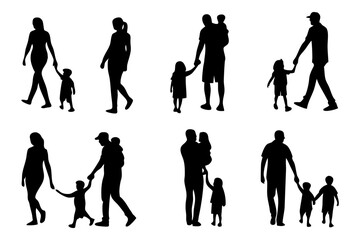 Silhouette Family: A collection of family silhouette outlines showing parents and children in various poses, conveying love, togetherness, and the journey of family life. 
