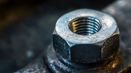 Close-up of a metallic hex nut with visible threads and texture.