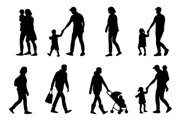 Obraz premium Family Silhouettes Collection: A set of diverse family silhouettes depicting various activities such as walking, strolling with a baby, and carrying shopping bags.