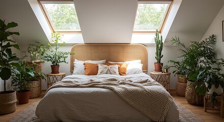 Bedroom interior with plants and skylight