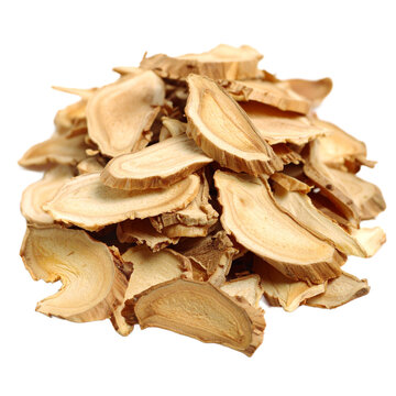 Stack of dried astragalus root slices offering herbal wellness potential on transparent background