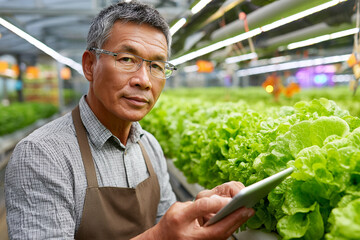 Wearing an apron and holding a tablet, Asian expert checks hydroponic lettuce parameters in a thriving greenhouse, representing the intersection of technology and organic farming.
