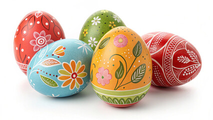 Collection of five vibrantly decorated easter eggs with floral patterns