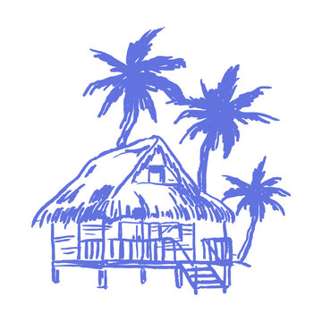 Minimal crayon sketch of tropical hut with palm trees in hand-drawn chalk style for beach lifestyle themes, Hawaii posters, boho summer branding, island design, travel illustration.