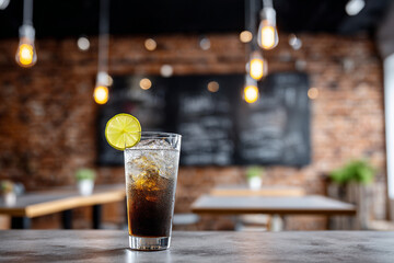 Tall glass filled with refreshing drink, ice cubes, and lime slice, placed on a wooden table in a cozy setting with warm lighting and rustic decor.