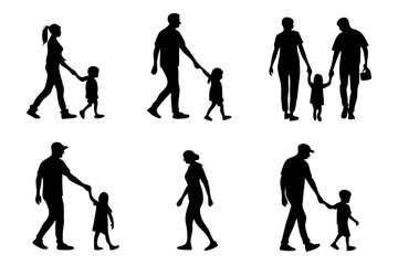 Family silhouettes: a collection of silhouetted figures depicting a loving family strolling hand-in-hand. Perfect for illustrating themes of love, family, and togetherness.