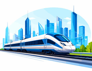 Fototapeta premium Modern High Speed Train Passing Through a Blue Cityscape with Tall Buildings on a Clear Day Transportation and Advanced Technology