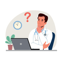 Thinking medic man with question mark before the laptop. Flat style cartoon vector illustration.