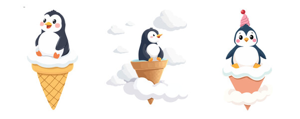 Cute Cartoon Penguins on Ice Cream Cones with Clouds Set Vector Illustration Adorable Animal Characters Sweet Dessert Scalable Graphic Collection
