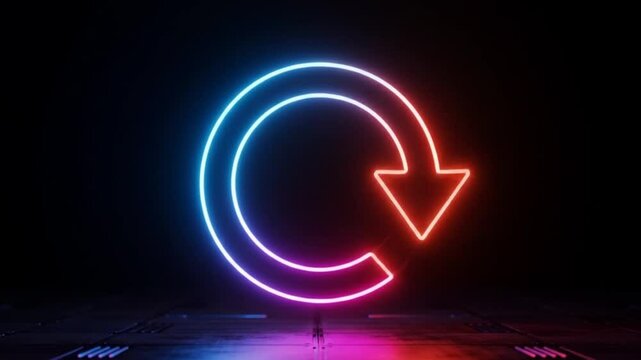A neon circular arrow glows brightly in the dark