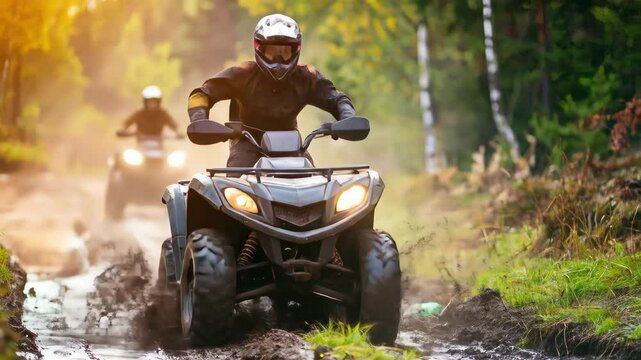 Two people are riding atvs through a muddy forest trail The sun filters through the trees creating a sense of adventure and outdoor fun