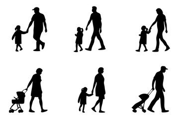 Family Silhouette: A set of six black silhouettes captures the simple joy of families in motion. Fathers, mothers, and children walk hand in hand, a stroller.