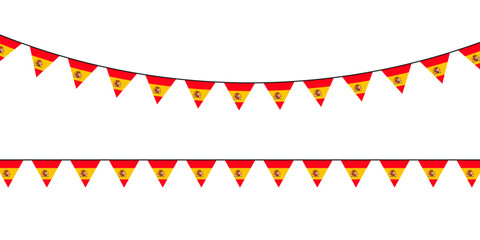 Obraz premium Spanish flag bunting with red and yellow triangles and coat of arms, perfect for national celebrations or festive decor.