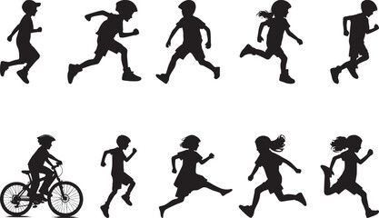 Silhouettes of Kids Running and Cycling