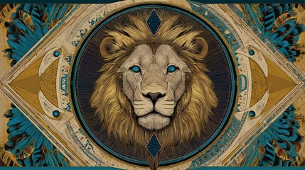 Mystical Geometric Lion Portrait with Blue Eyes and Tribal Amazonian Elements &ndash; Sacred Symmetry on Dark Gold Background