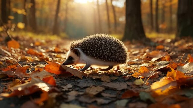 Adorable hedgehog explores colorful autumn forest path, surrounded by fallen leaves and golden natural sunlight.
