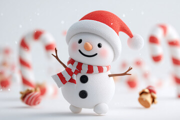 cute snowman wearing santa hat, dancing happily on white background