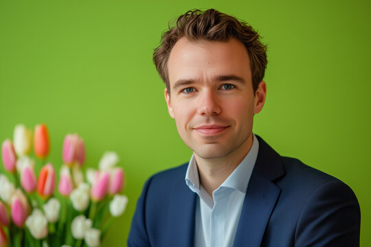 Portrait of a man in a suit with flowers against a green background looking at the camera smiling