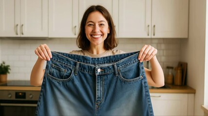 Woman displaying oversized jeans after successful weight loss, celebrating fitness transformation with joy