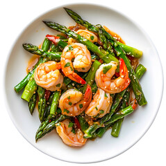 Top view of Stir-fried shrimp with asparagus on a plate, isolated background.