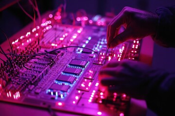 Obraz premium Control Panel of Electronic Device with Colorful Lights and Cables